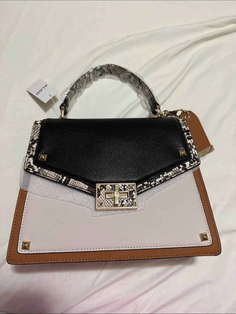 Aldo Colorblock Satchel in Black, Cream & Tan with Snakeskin Trim